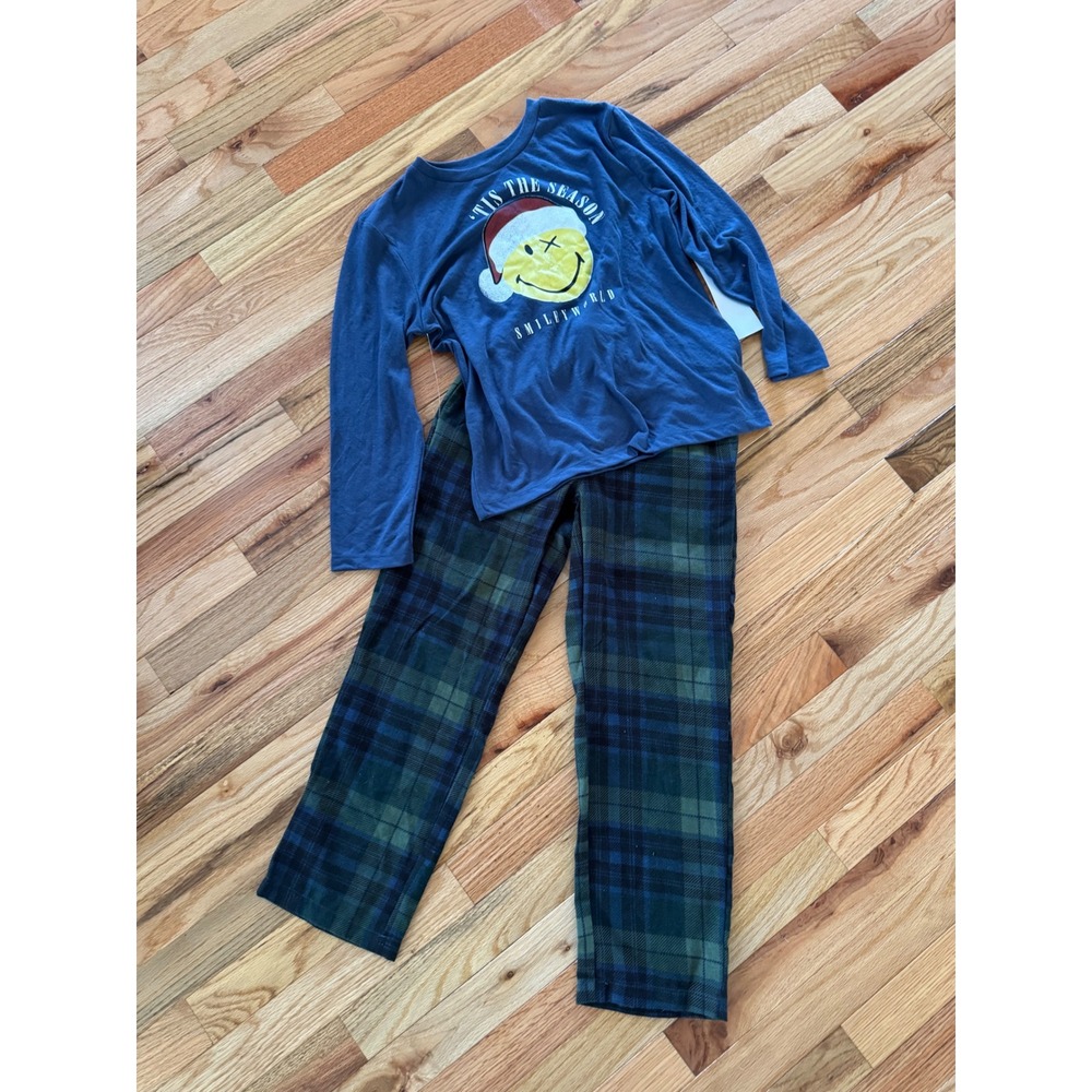 SmileyWorld Kids Christmas Pajama Set Blue Santa Graphic Tee Plaid Pants Size 8